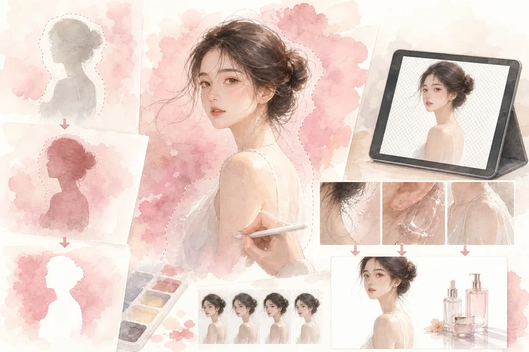 传统阴影流程和 AI 智能生成阴影插件操作流程对比：智能生成阴影插件操作流程 处理前后对比